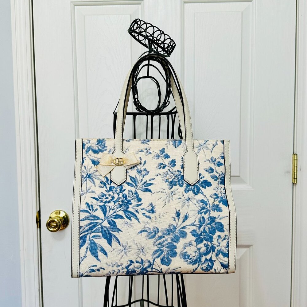 GUCCI JAPAN EXCLUSIVE TOILE BLUE AND WHITE FLORAL CANVAS AND LEATHER TOTE ITALY - Picture 8 of 13
